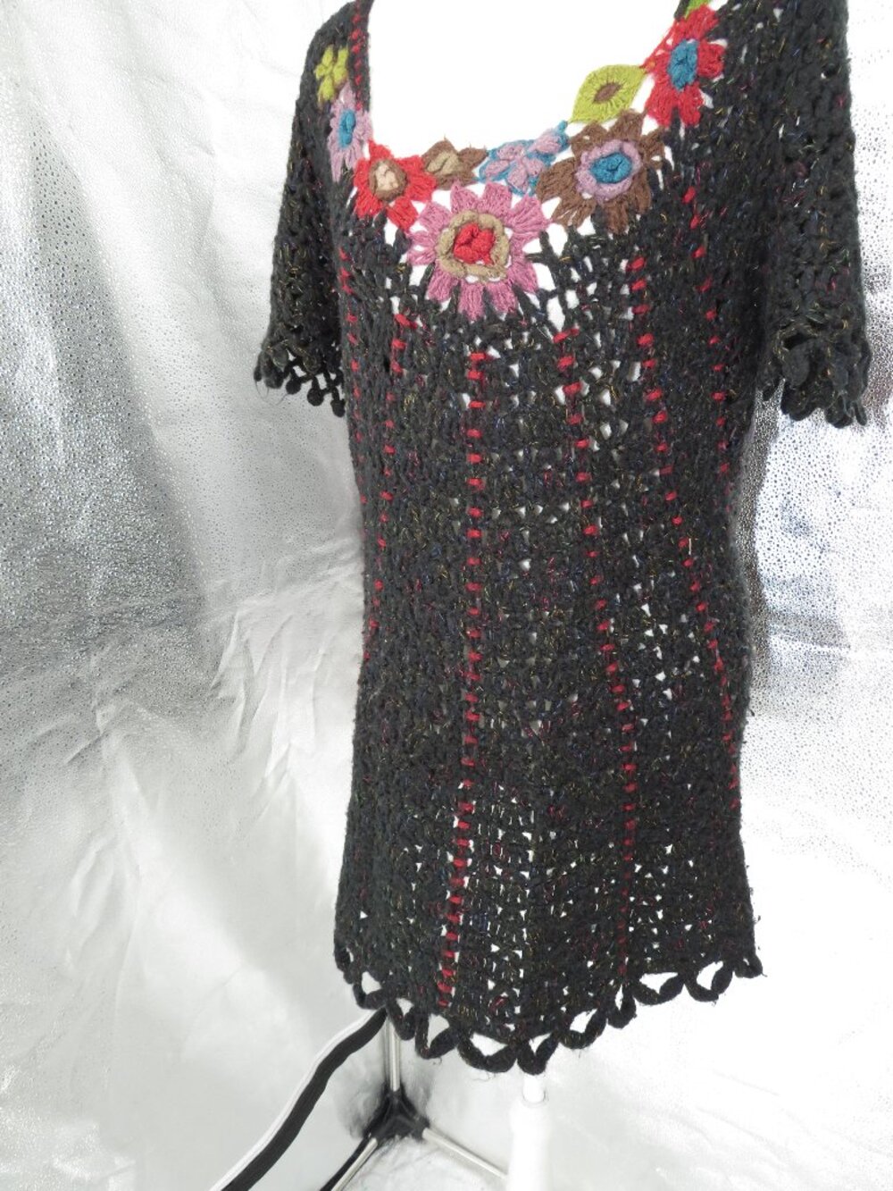 Mechant Crochet Floral Dress Black L XL Granny Square Knit Short Sleeve Tunic
